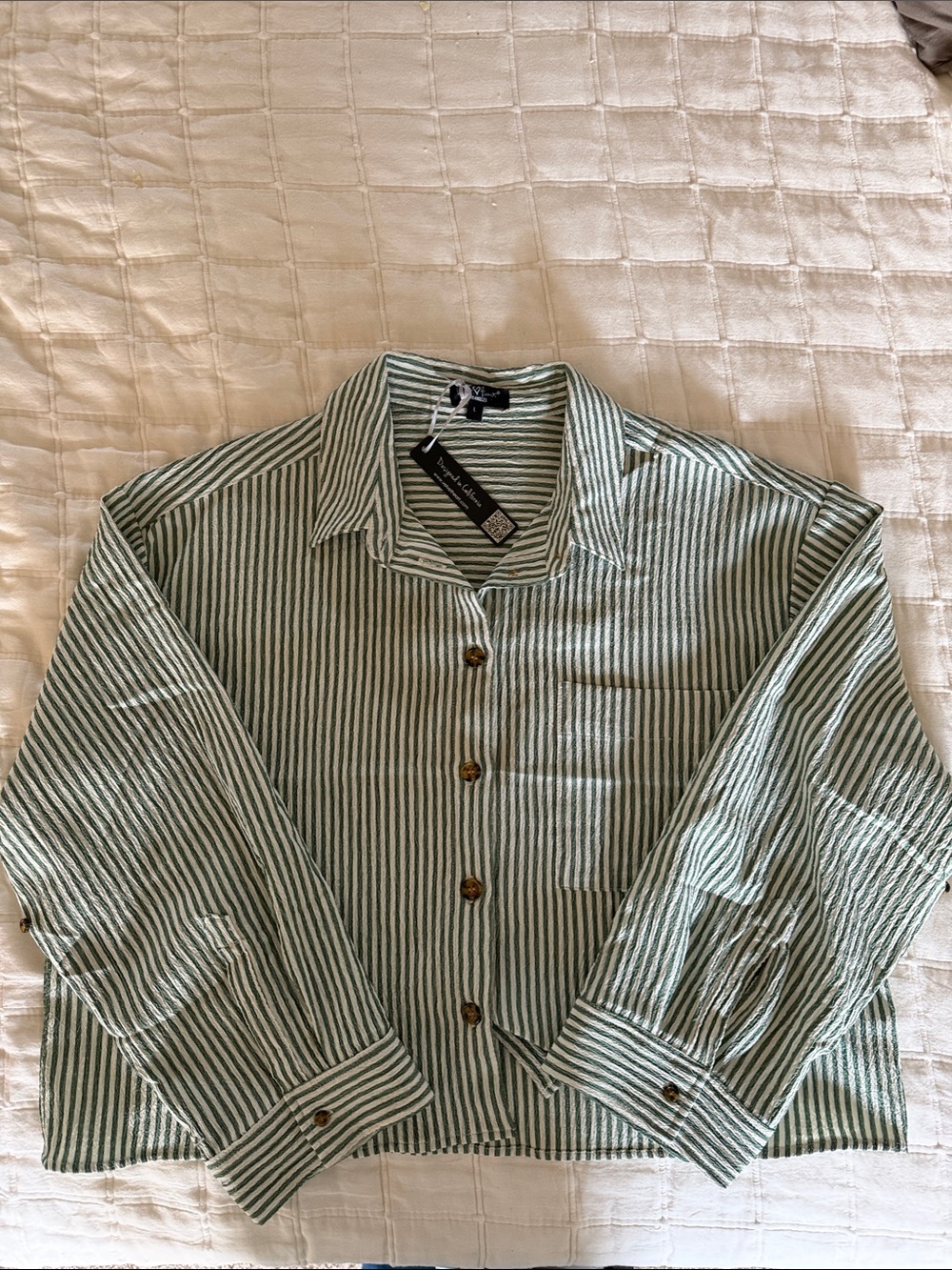 Velvet Heart Women’s Green and White Striped Button-Down Shirt